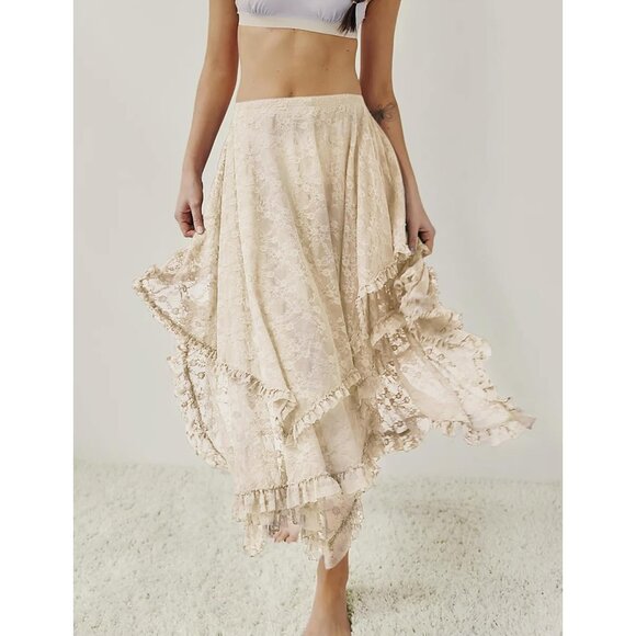 Elegant Floral Lace Long Skirt with Irregular Hem - Romantic Summer Style - Picture 4 of 5